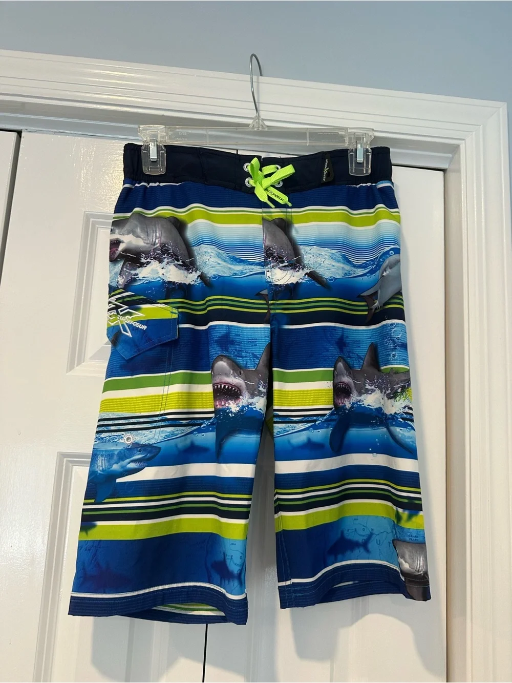 ZeroXposur Boys Blue and Neon Green Shark Swim Shorts